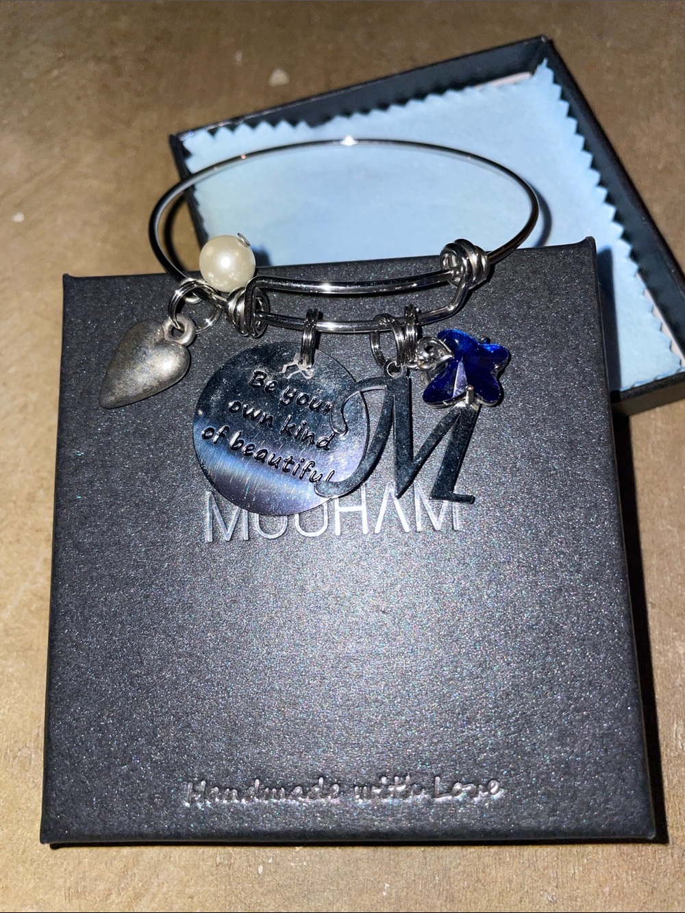 Silver-Tone Inspirational Charm Bangle with Blue Star and Pearl Accent